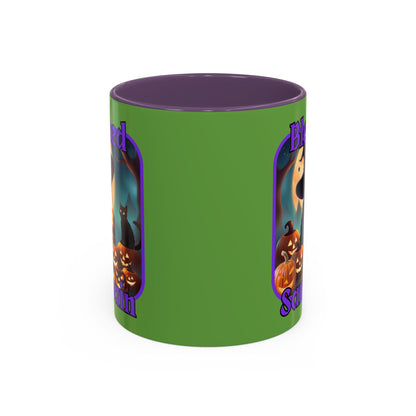 Blessed Samhain Cute Witch Purple font Green Accent Mug by CreepyCrafts.boo