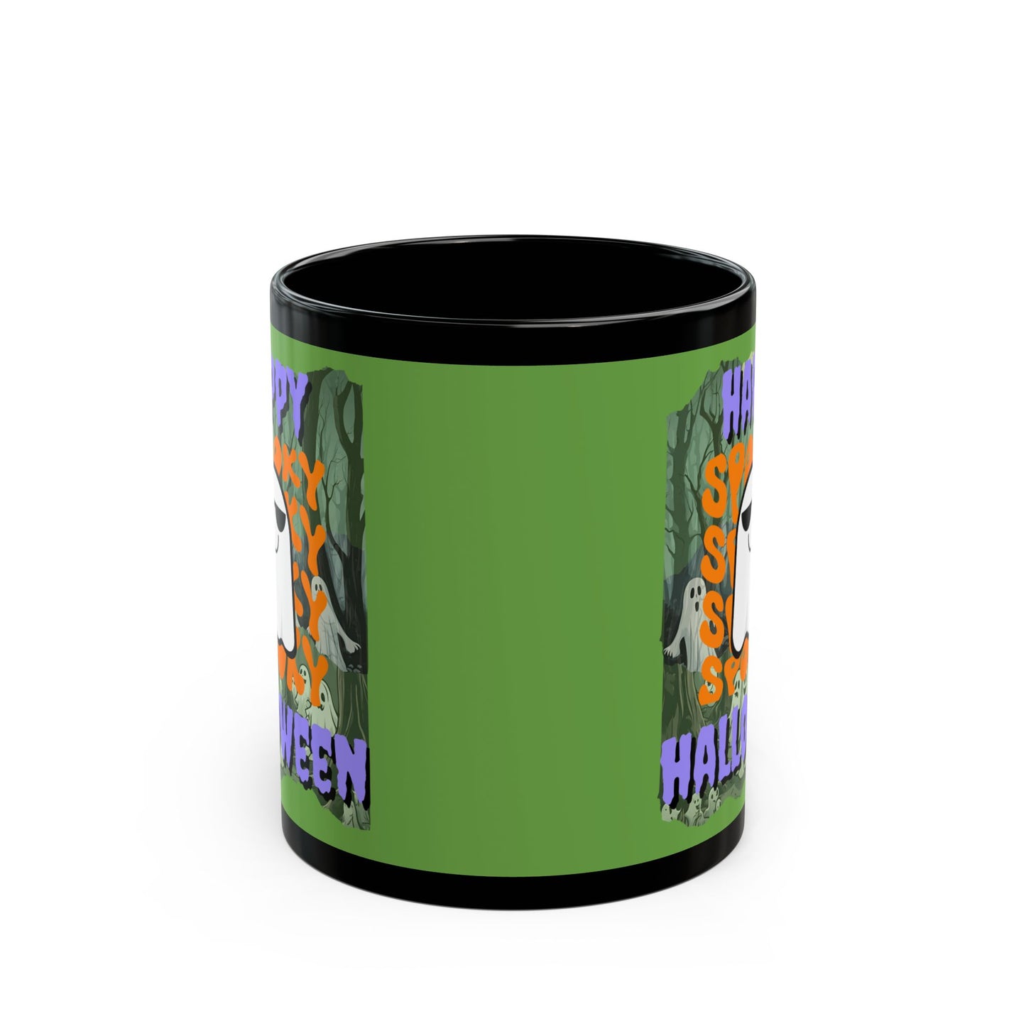 Spooky Happy Halloween Ghost Purple font Green Mug by CreepyCrafts.boo