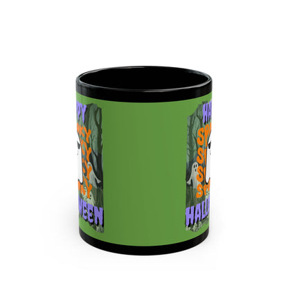 Spooky Happy Halloween Ghost Purple font Green Mug by CreepyCrafts.boo