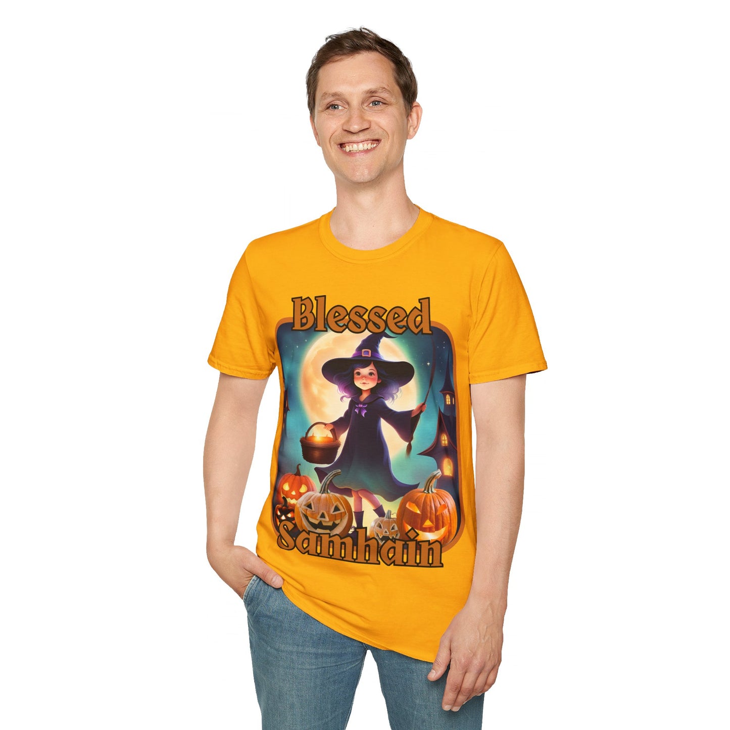 Blessed Samhain Little Witch ORfont LTcolors Unisex T-Shirt by cypherpunkgear