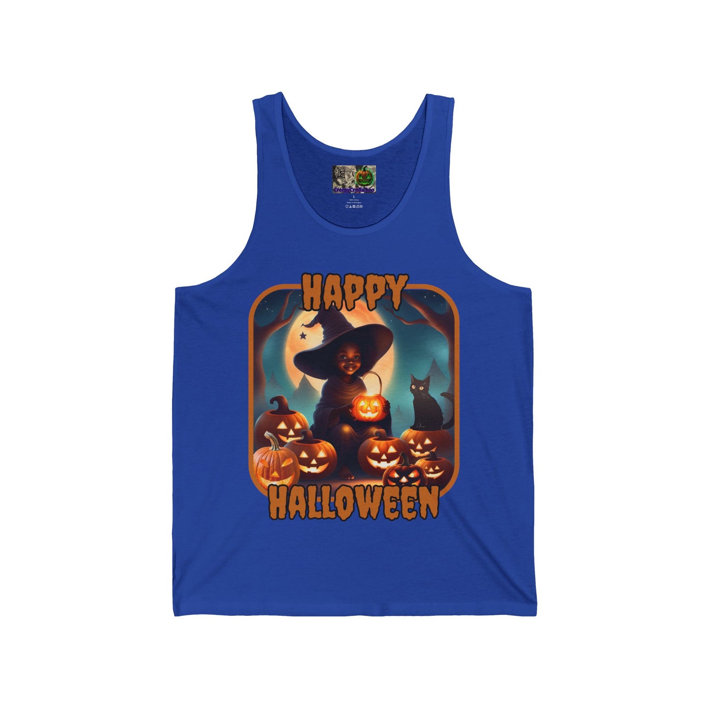 Happy Halloween Cute Witch Orange font Unisex Jersey Tank Top by CreepyCrafts.boo