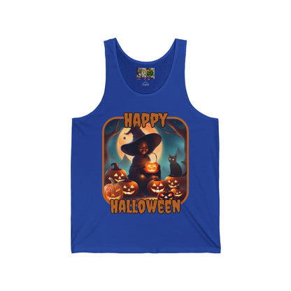 Happy Halloween Cute Witch Orange font Unisex Jersey Tank Top by CreepyCrafts.boo