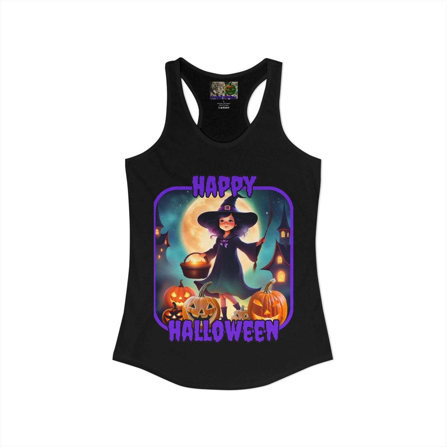 Happy Halloween Little Witch Purple font Women's Racerback Tank Top by CreepyCrafts.boo