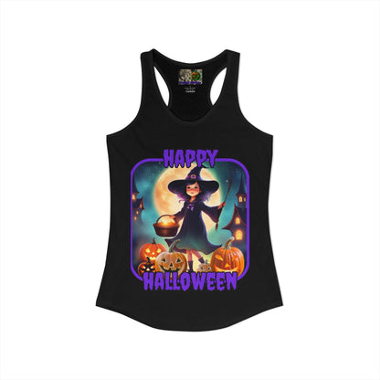 Happy Halloween Little Witch Purple font Women's Racerback Tank Top by CreepyCrafts.boo