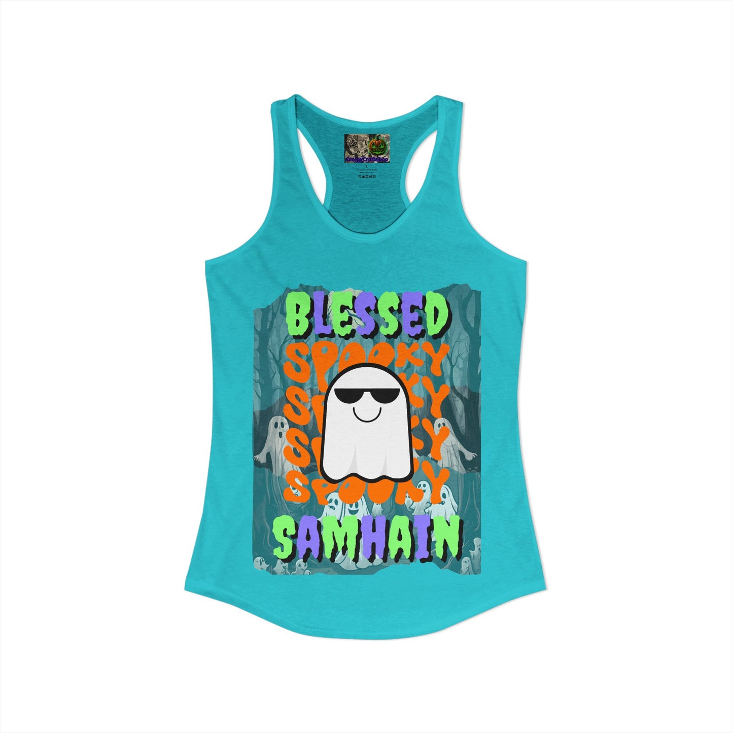 Spooky Blessed Samhain Ghost Mixed font Women's Racerback Tank Top by CreepyCrafts.boo