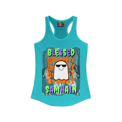 Spooky Blessed Samhain Ghost Mixed font Women's Racerback Tank Top by CreepyCrafts.boo