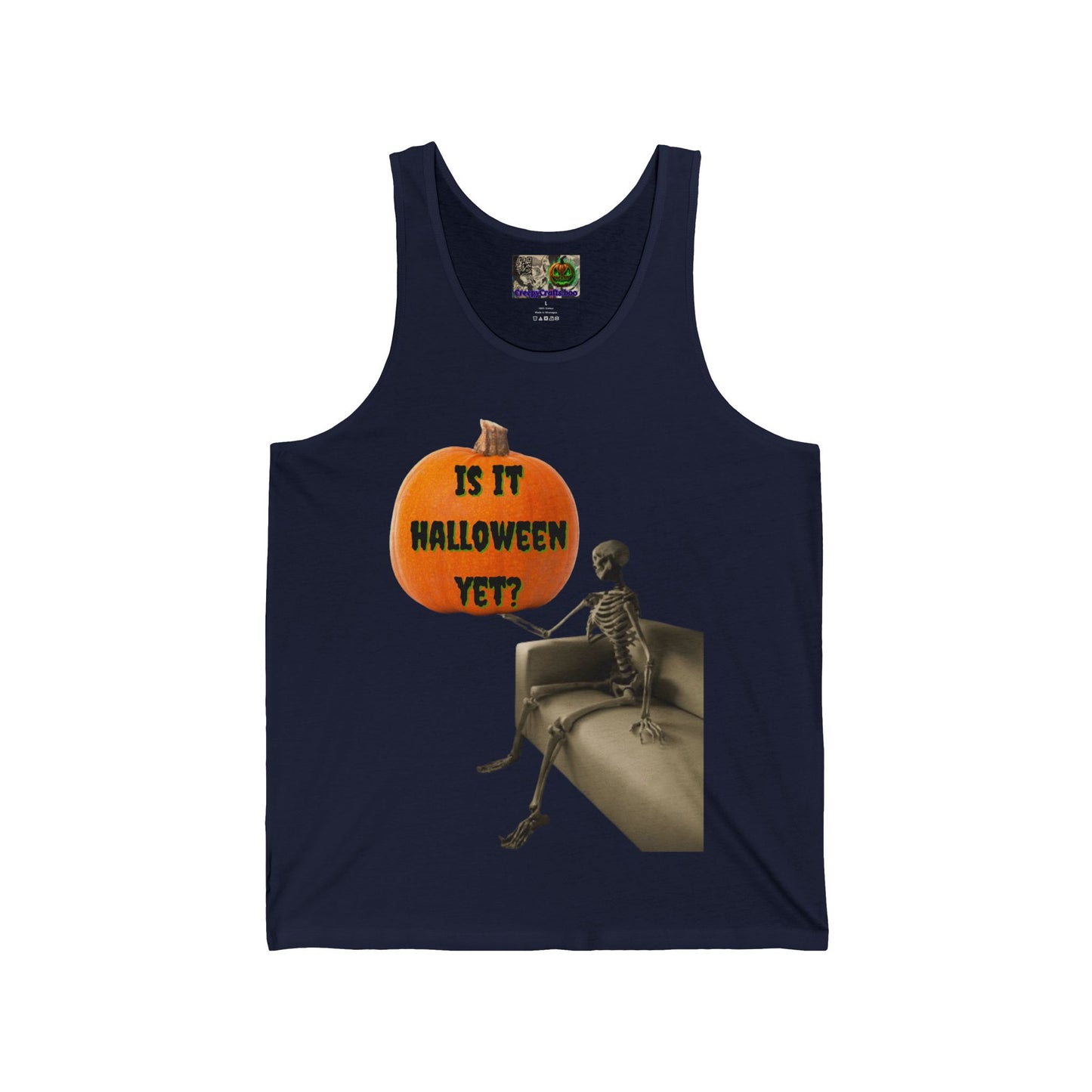 Is it Halloween yet? Skeleton's Pumpkin Unisex Jersey Tank Top by CreepyCrafts.boo