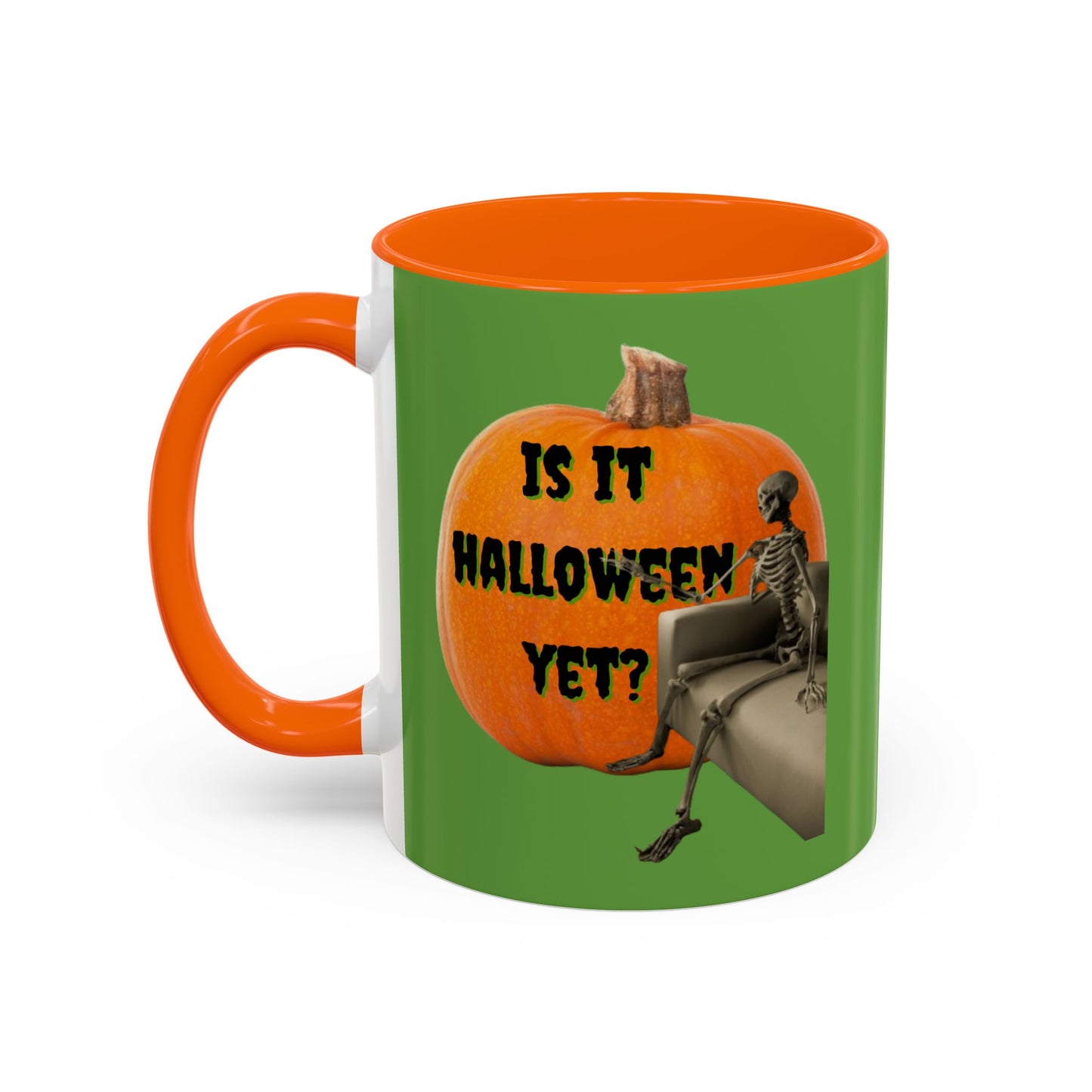 Is it Halloween yet? Skeleton's Giant Pumpkin Green Accent Mug by CreepyCrafts.boo