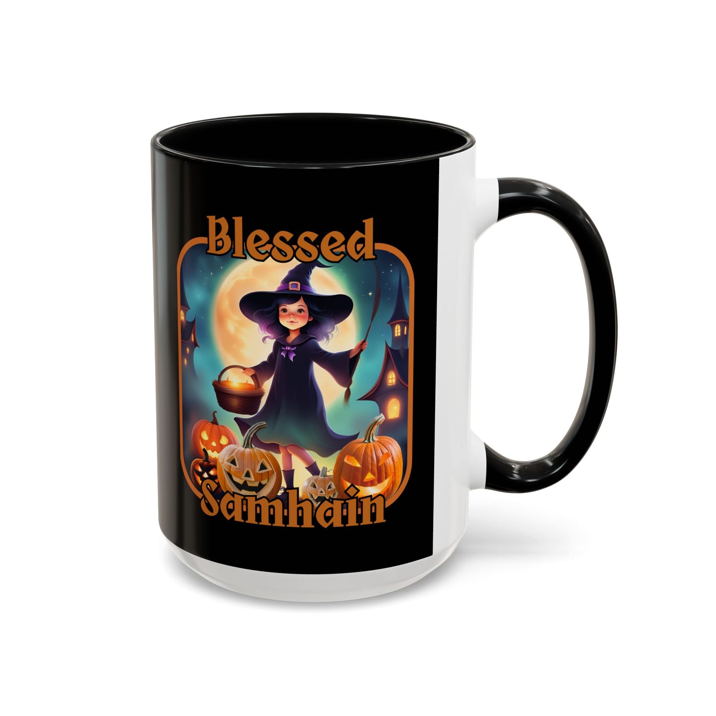 Blessed Samhain Little Witch Orange font Black Accent Mug by CreepyCrafts.boo