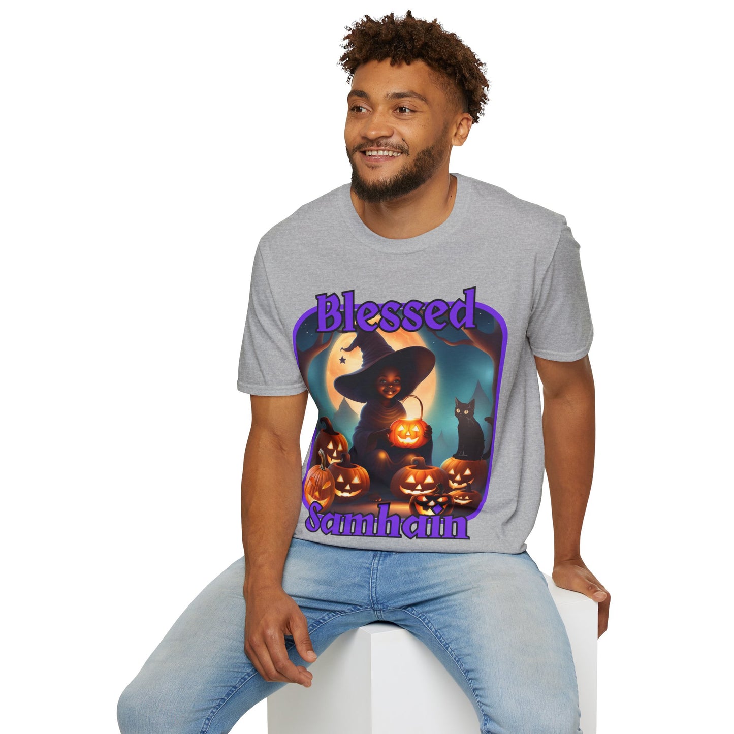 Blessed Samhain Cute Witch Purple font Light colors Unisex T-Shirt by CreepyCrafts.boo