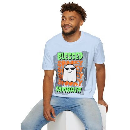 Spooky Blessed Samhain Ghost Green font Unisex T-Shirt by CreepyCrafts.boo