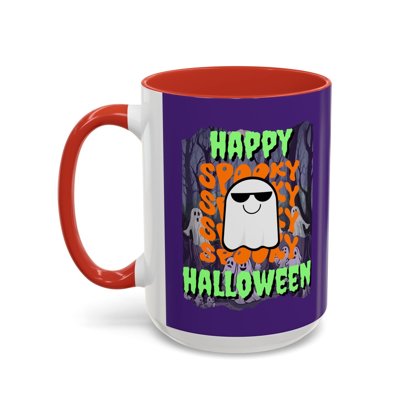 Spooky Happy Halloween Ghost Green font Purple Accent Mug by CreepyCrafts.boo