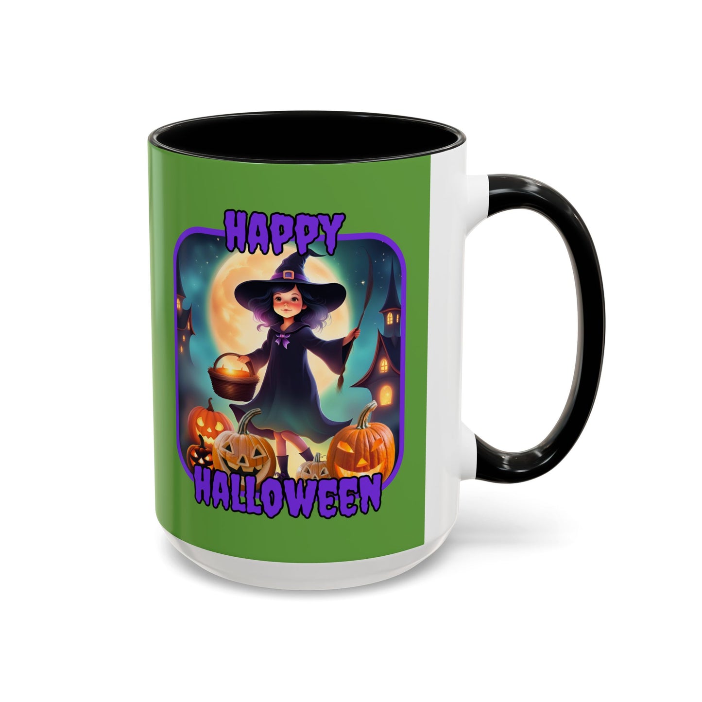 Happy Halloween Little Witch Purple font Green Accent Mug by CreepyCrafts.boo