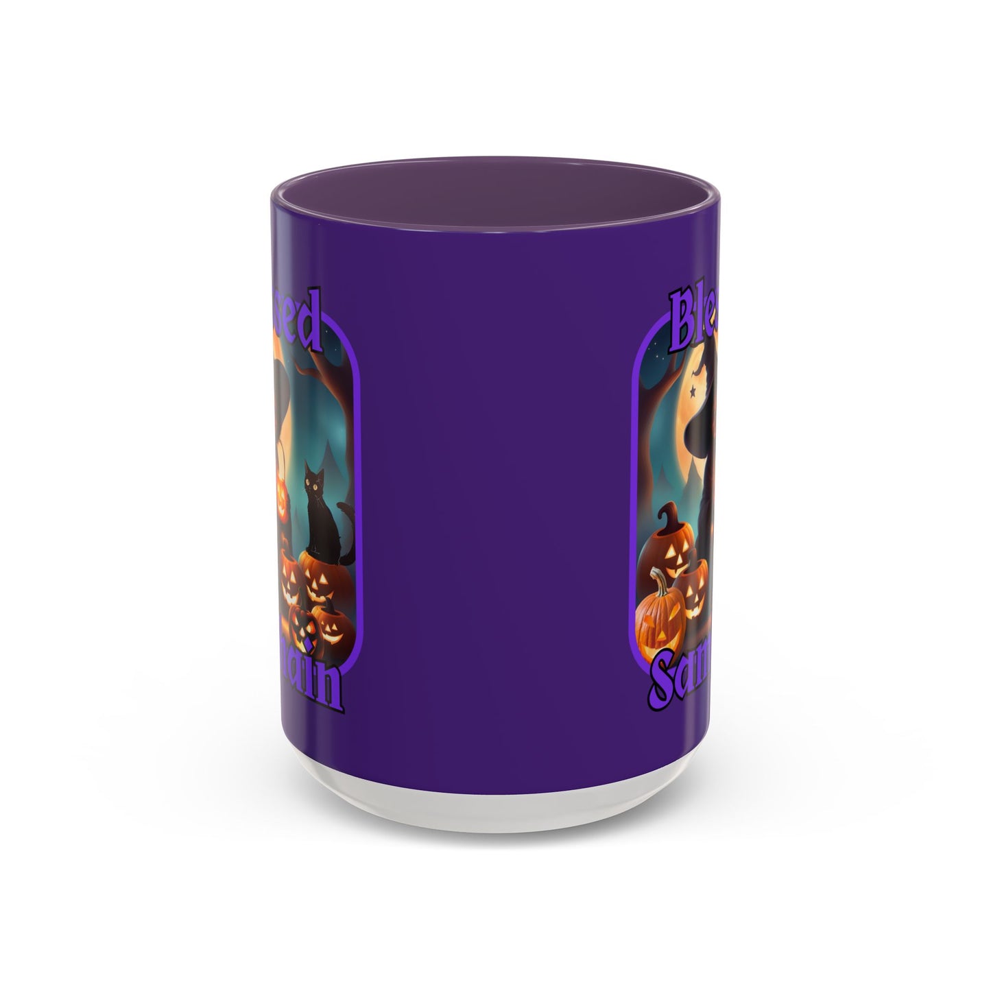 Blessed Samhain Cute Witch Purple font Purple Accent Mug by CreepyCrafts.boo