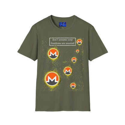 Monero (XMR) don't assume your freedoms are assured Dark colors Unisex T-Shirt by cypherpunkgear.com