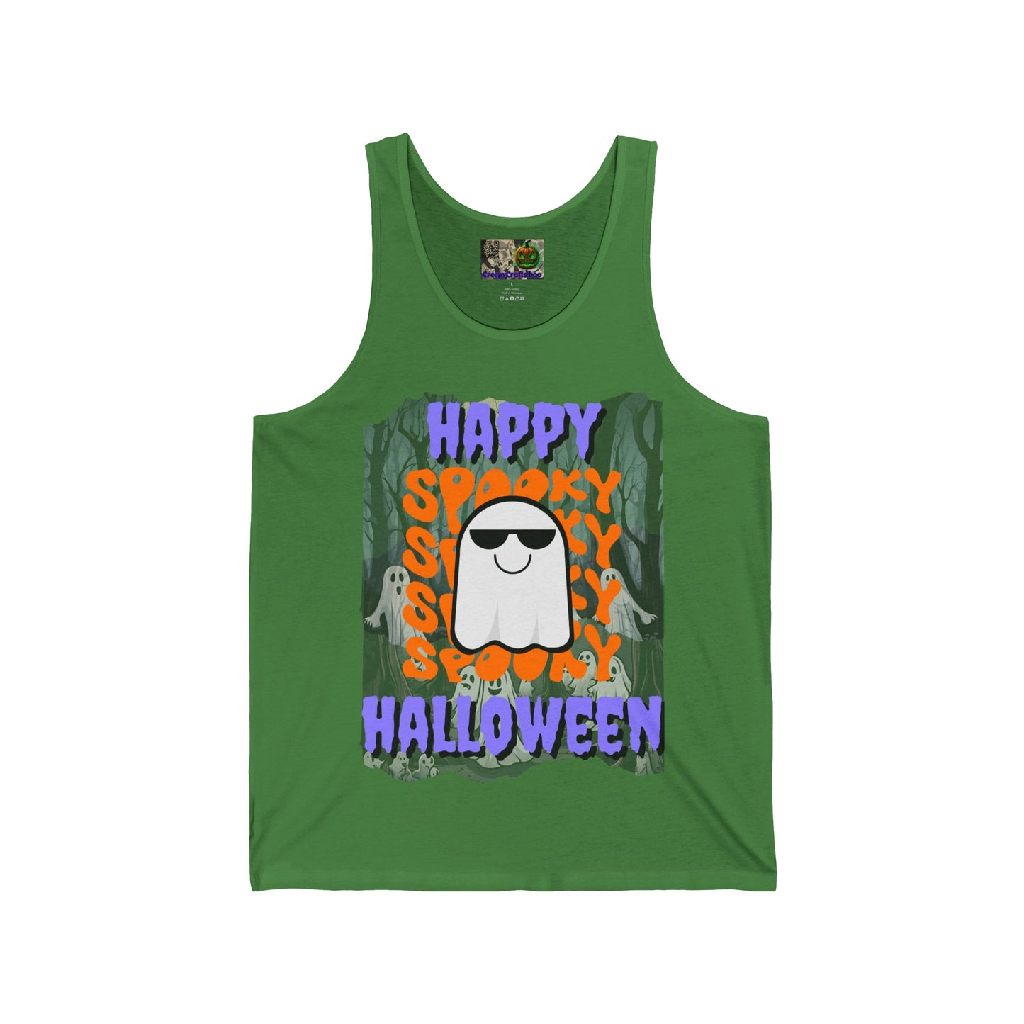 Spooky Happy Halloween Ghost Purple font Unisex Jersey Tank Top by CreepyCrafts.boo