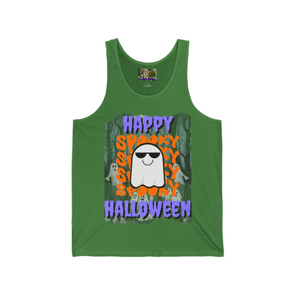 Spooky Happy Halloween Ghost Purple font Unisex Jersey Tank Top by CreepyCrafts.boo
