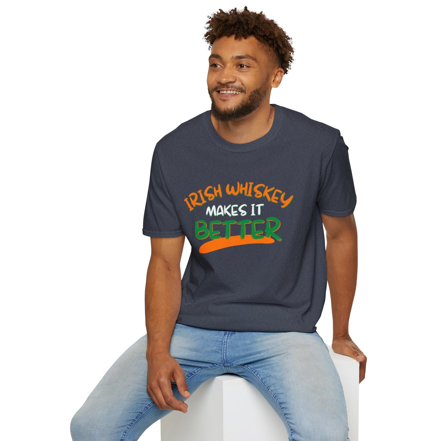 Irish Whiskey makes it better Orange, White, and Green font Dark colors Unisex T-Shirt by cypherpunkgear.com