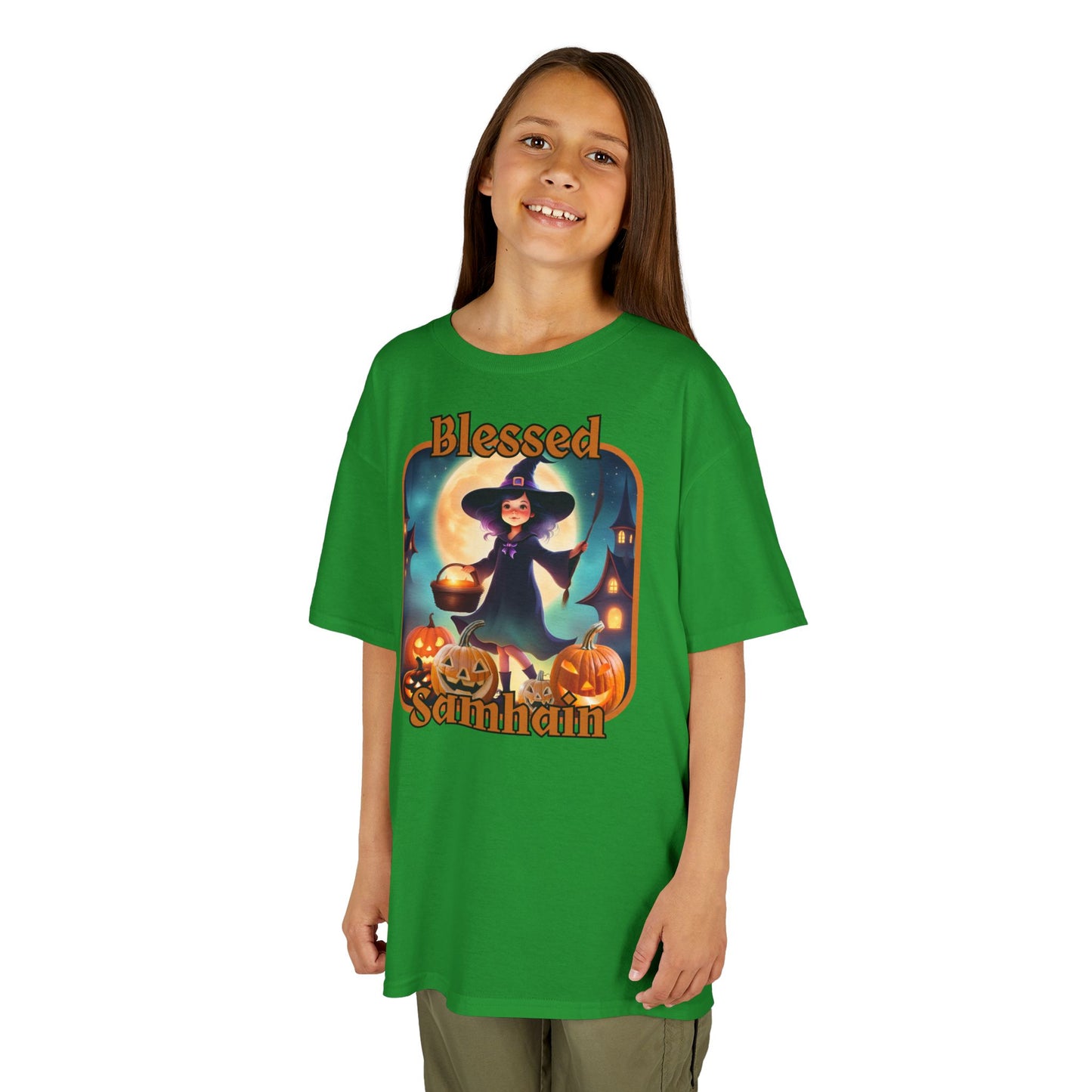 Blessed Samhain Little Witch Orange font Kids Heavy Cotton™ Tee by CreepyCrafts.boo