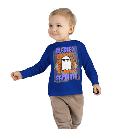 Spooky Blessed Samhain Ghost Purple font Toddler Long Sleeve Tee by CreepyCrafts.boo
