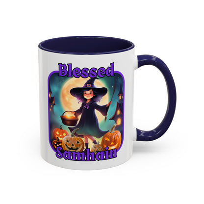 Blessed Samhain Little Witch Purple font White Accent Mug by CreepyCrafts.boo