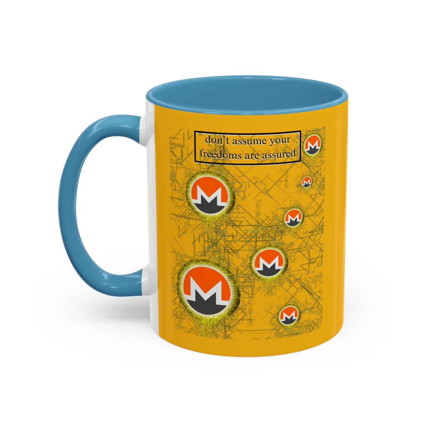 Monero (XMR) don't assume your freedoms are assured Yellow Accent Mug by cypherpunkgear.com