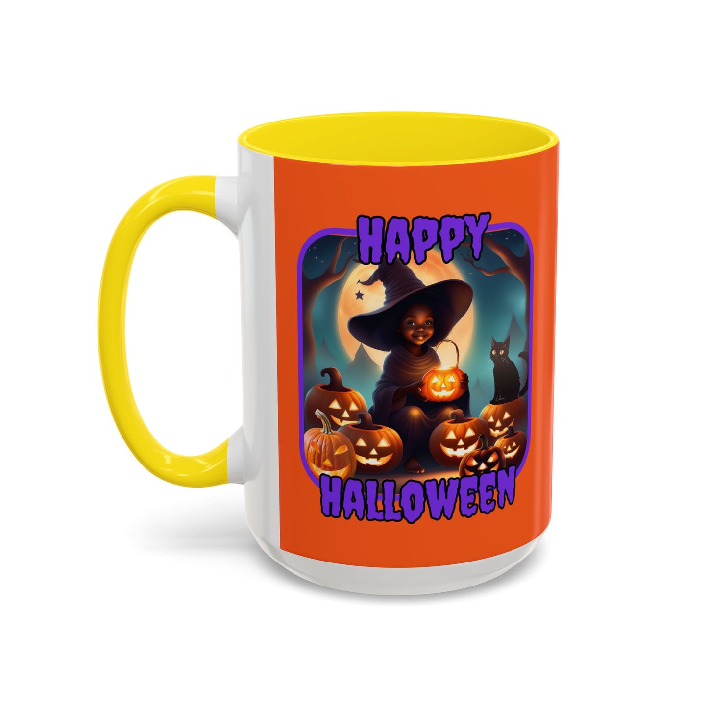 Happy Halloween Cute Witch Purple font Orange Accent Mug by CreepyCrafts.boo