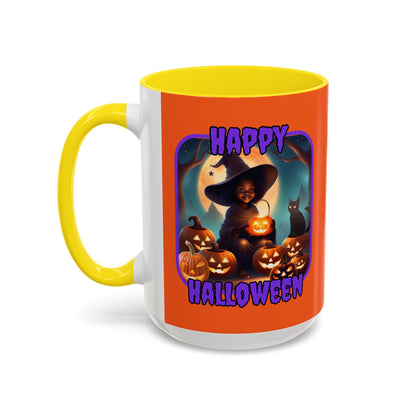 Happy Halloween Cute Witch Purple font Orange Accent Mug by CreepyCrafts.boo