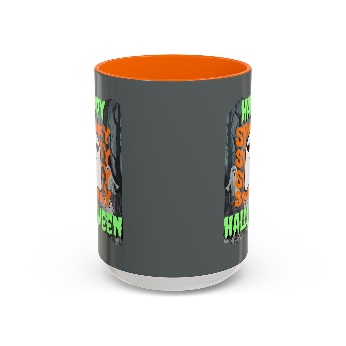 Spooky Happy Halloween Ghost Green font Grey Accent Mug by CreepyCrafts.boo