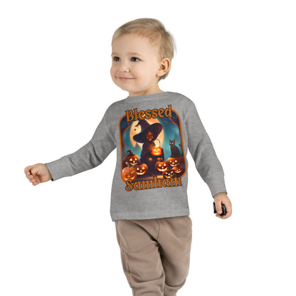 Blessed Samhain Cute Witch Orange font Toddler Long Sleeve Tee by CreepyCrafts.boo