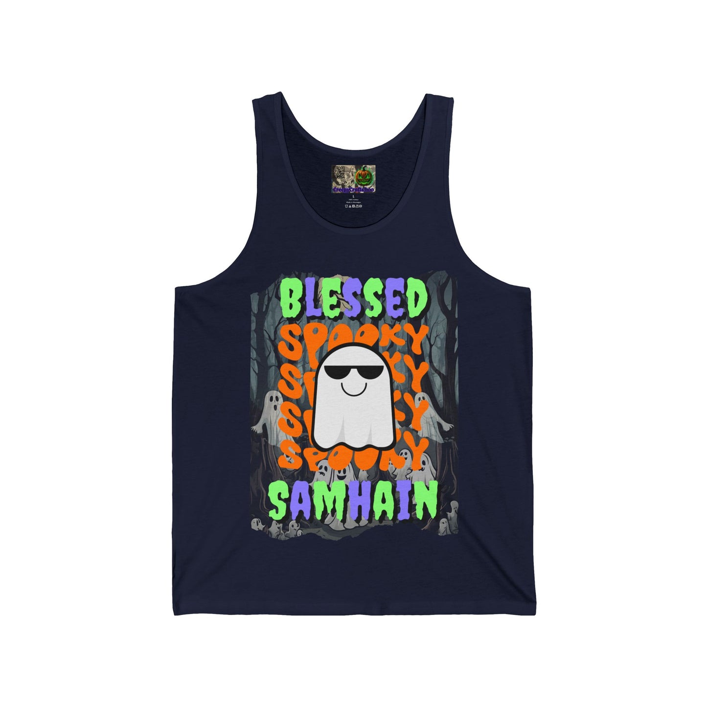 Spooky Blessed Samhain Ghost Mixed font Unisex Jersey Tank Top by CreepyCrafts.boo