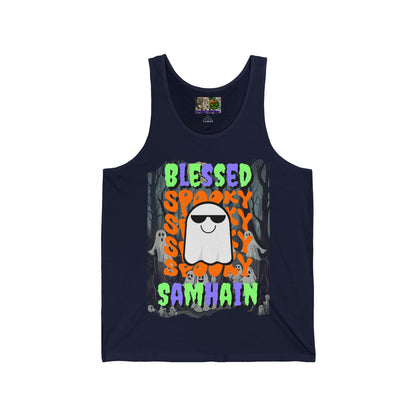 Spooky Blessed Samhain Ghost Mixed font Unisex Jersey Tank Top by CreepyCrafts.boo