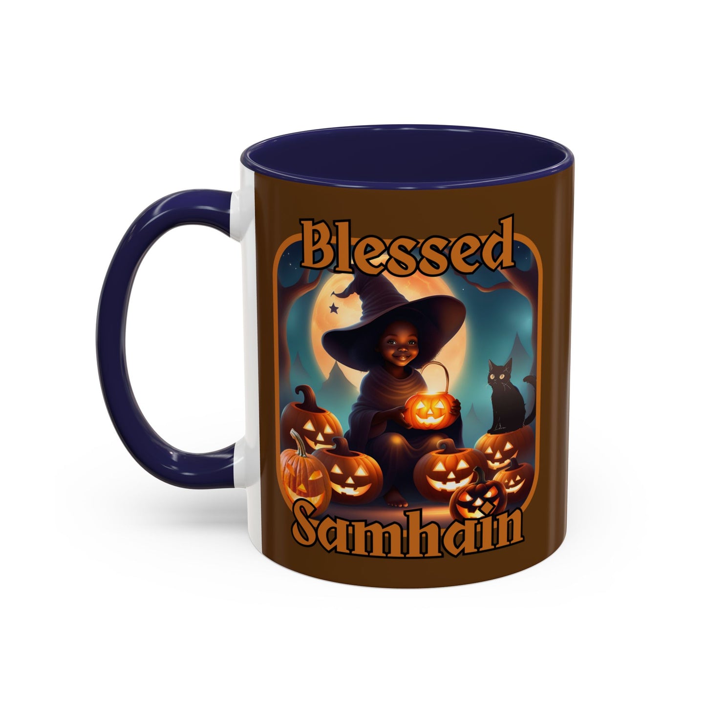 Blessed Samhain Cute Witch Orange font Brown Accent Mug by CreepyCrafts.boo