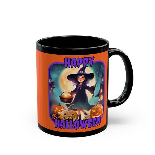 Happy Halloween Little Witch Purple font Orange Mug by CreepyCrafts.boo