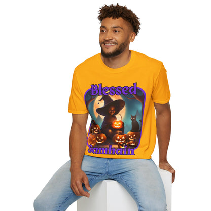 Blessed Samhain Cute Witch Purple font Light colors Unisex T-Shirt by CreepyCrafts.boo