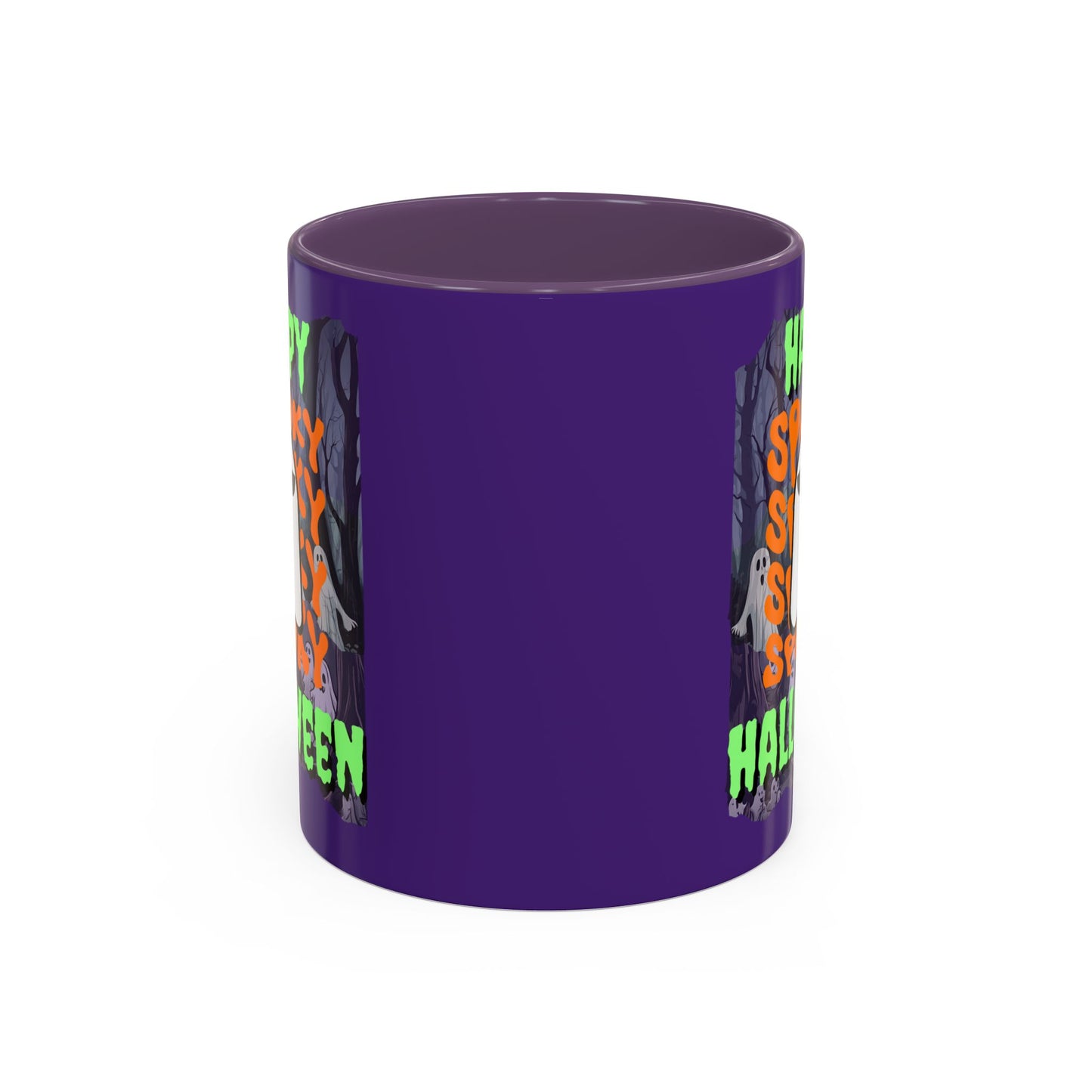 Spooky Happy Halloween Ghost Green font Purple Accent Mug by CreepyCrafts.boo