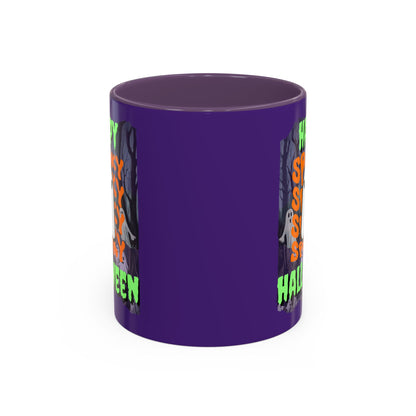 Spooky Happy Halloween Ghost Green font Purple Accent Mug by CreepyCrafts.boo