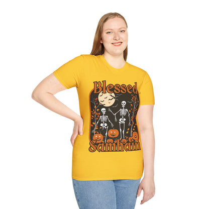 Spooktacular Skeletons of Samhain Light colors Unisex T-Shirt by CreepyCrafts.boo