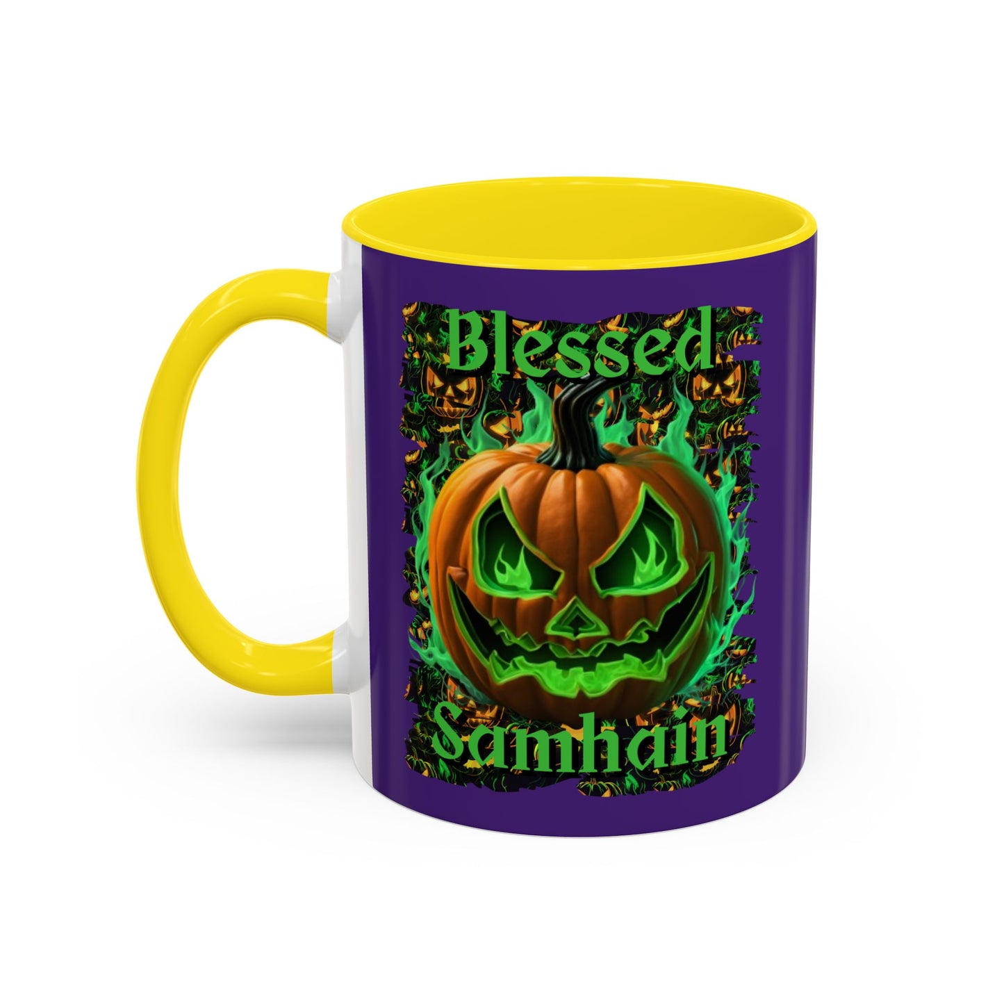 Blessed Samhain Green Jack Purple Accent Mug by CreepyCrafts.boo