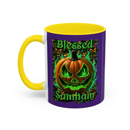 Blessed Samhain Green Jack Purple Accent Mug by CreepyCrafts.boo