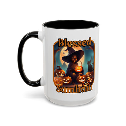 Blessed Samhain Cute Witch Orange font White Accent Mug by CreepyCrafts.boo