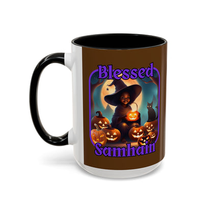 Blessed Samhain Cute Witch Purple font Brown Accent Mug by CreepyCrafts.boo