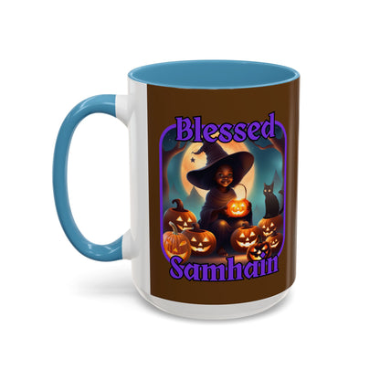 Blessed Samhain Cute Witch Purple font Brown Accent Mug by CreepyCrafts.boo