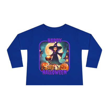 Happy Halloween Little Witch Purple font Toddler Long Sleeve Tee by CreepyCrafts.boo