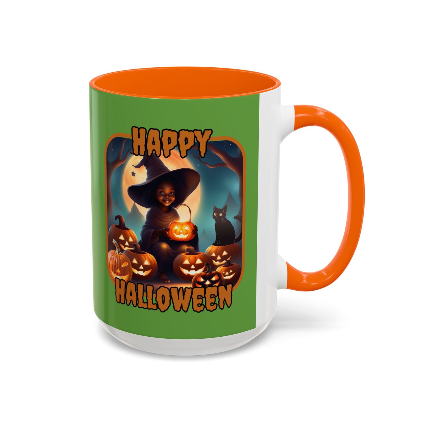Happy Halloween Cute Witch Orange font Green Accent Mug by CreepyCrafts.boo