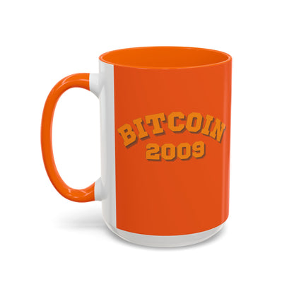 Bitcoin 2009 Orange Accent Mug by cypherpunkgear.com