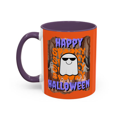 Spooky Happy Halloween Ghost Purple font Orange Accent Mug by CreepyCrafts.boo