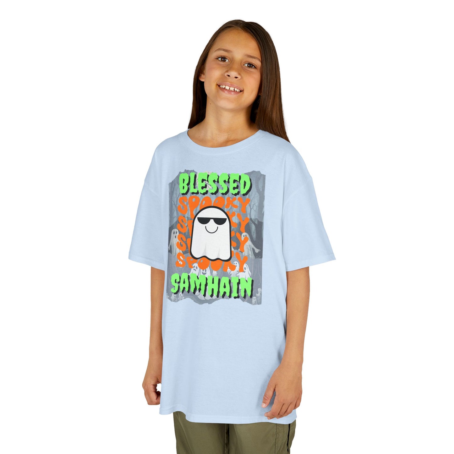 Spooky Blessed Samhain Ghost Green font Kids Heavy Cotton™ Tee by CreepyCrafts.boo