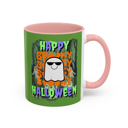 Spooky Happy Halloween Ghost Mixed font Green Accent Mug by CreepyCrafts.boo
