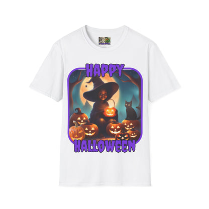 Happy Halloween Cute Witch Purple font Light colors Unisex T-Shirt by CreepyCrafts.boo